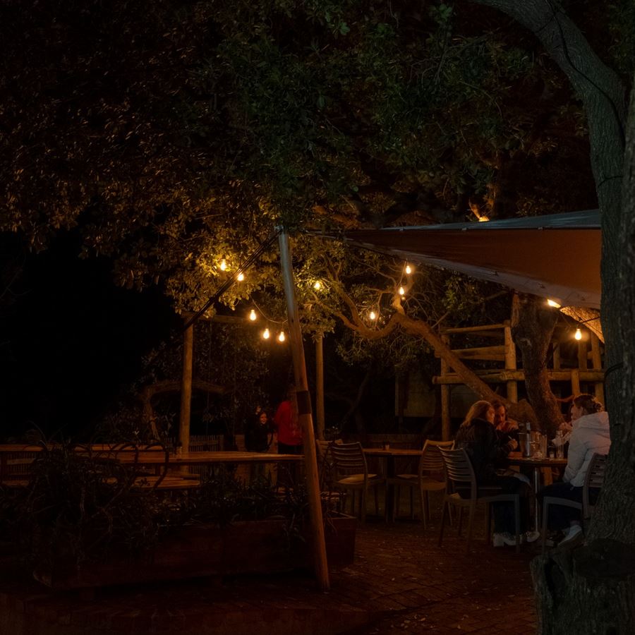String lights over the outdoor deck at night